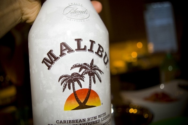 Bottle of Malibu rum closeup