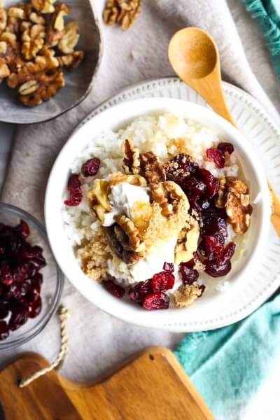 Breakfast Bowl made with Jasmine Rice, Greek yogurt, walnuts and dried cranberries