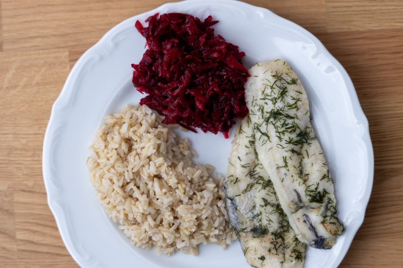 Brown rice, beets, and fish