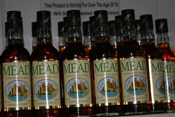 A bunch of Bunratty mead bottles