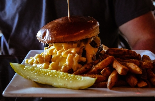 Burger with mac and cheese, and fries