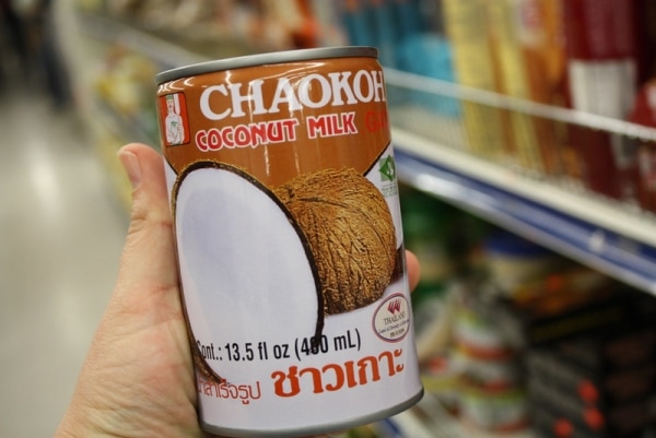 Can of coconut milk in supermarket