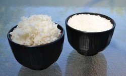 A cup of cooked and a cup of uncooked rice