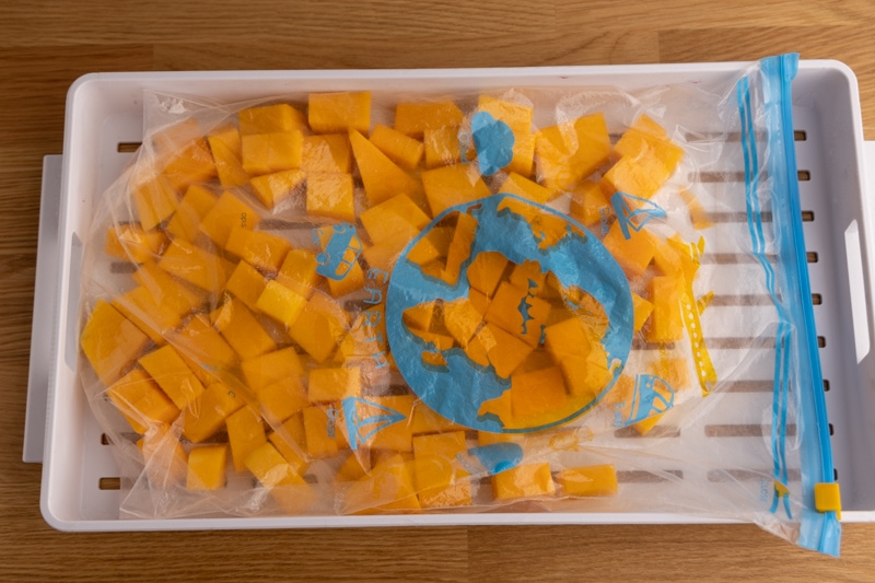 Cubed butternut before pre-freezing