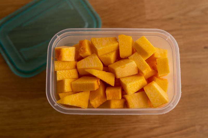 Cubed pumpkin in a container