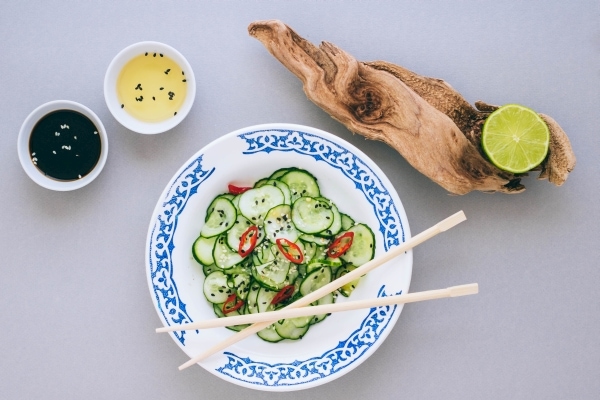 Cucumber salad with sesame seeds, dressed with rice vinegar, lime and sesame oil