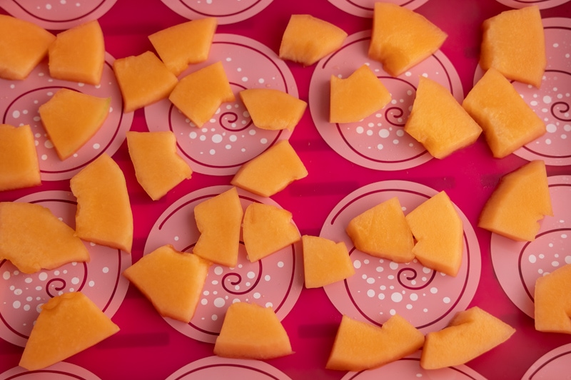 Cut cantaloupe ready for freezing