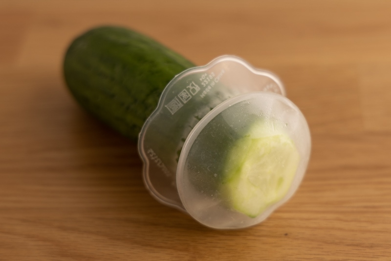 Cut cucumber in a silicone food saver