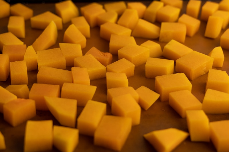Defrosted butternut cubes ready for baking