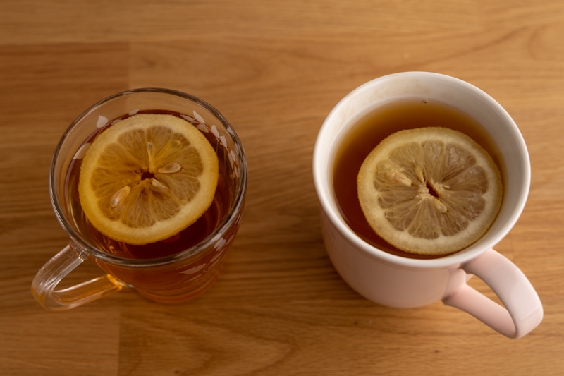 Defrosted lemon slices added to tea