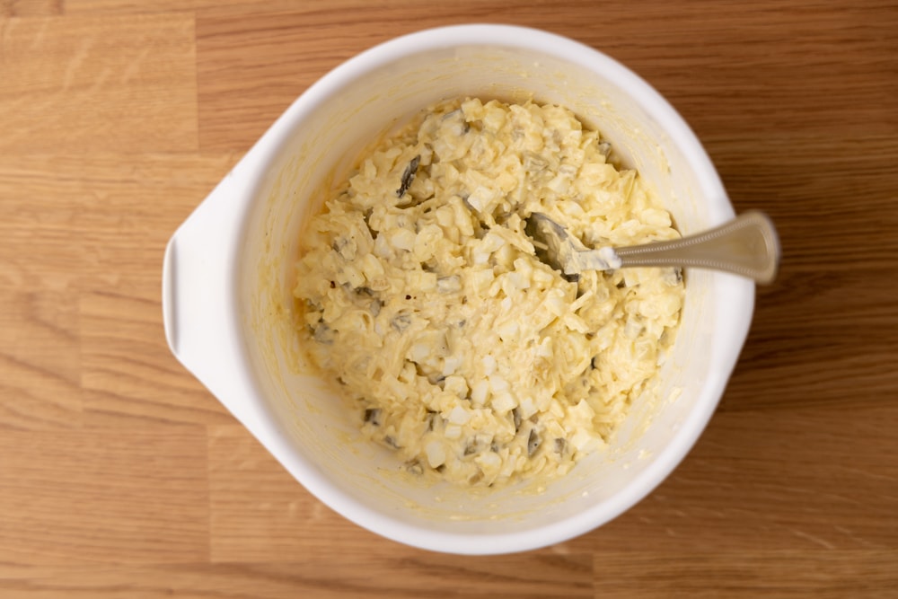 Finished egg salad in a bowl