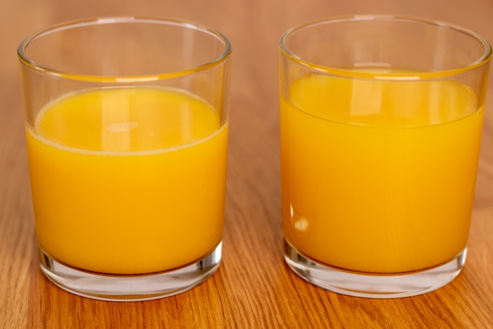 Fresh and thawed orange juice