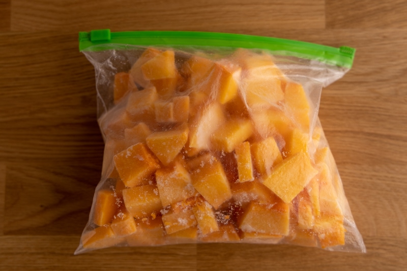 Frozen pumpkin in a freezer bag