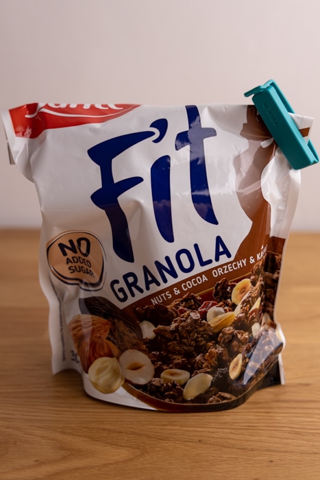 Granola bag sealed with a clip