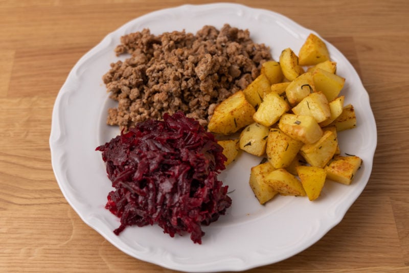 Ground pork, potatoes with rosemary, and beets