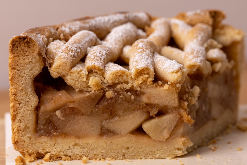 Leftover apple pie, topped with powdered sugar