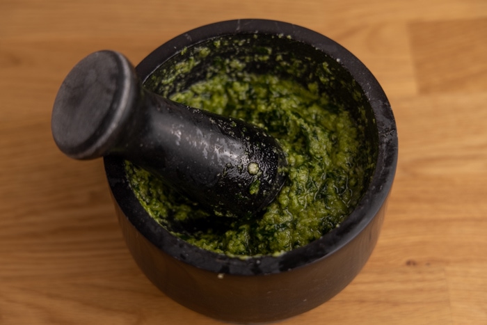 Making pesto mortar and pestle