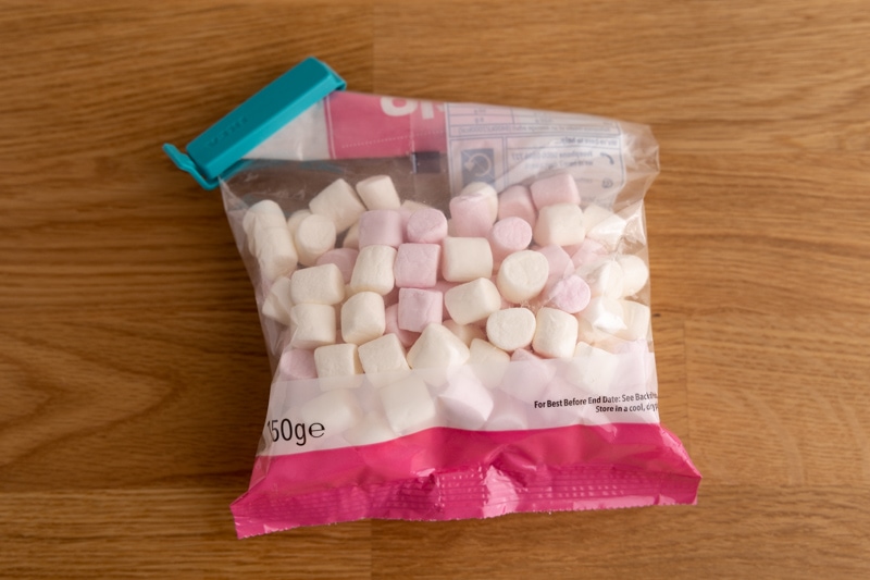 Marshmallows bag sealed with a clip