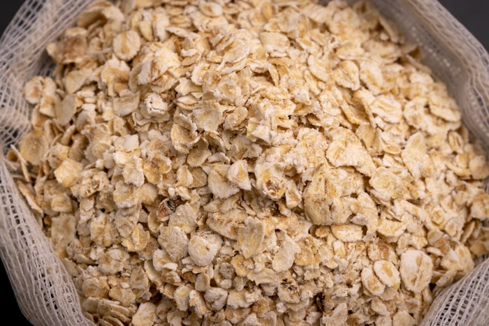 Oatmeal in a linen bag closeup