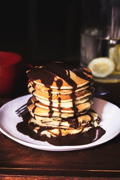 Pancakes with chocolate syrup