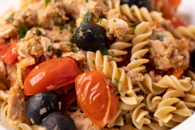 Pasta salad with olives and cherry tomatoes