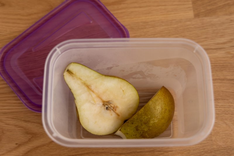 Pear halves in an airtight container