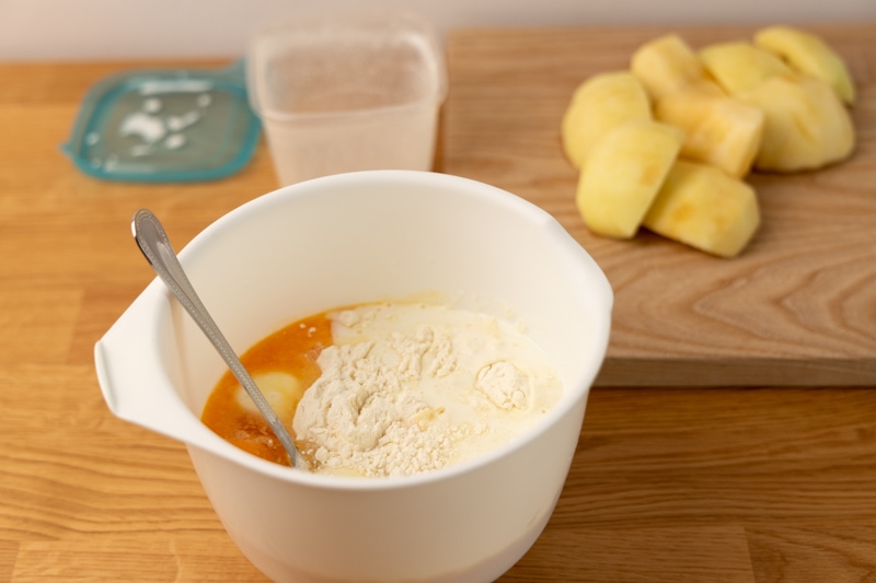 Prepping pancake dough with thawed-kefir