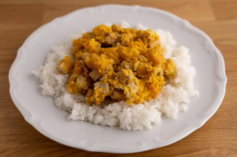 Pumpkin and chicken on a bed of rice