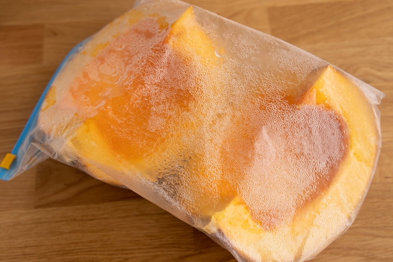 Pumpkin quarters in a freezer bag