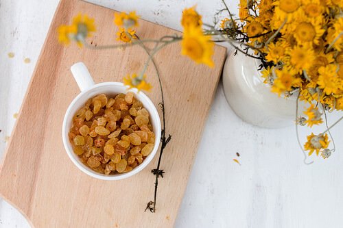 Golden raisins and flowers