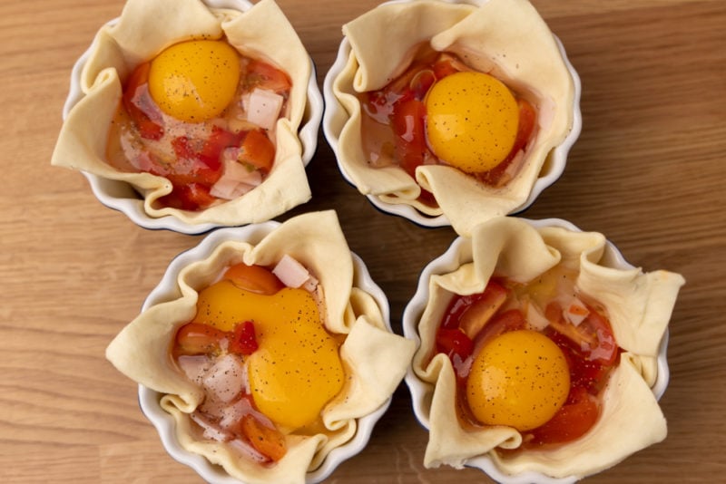 Before baking: raw eggs in puff pastry