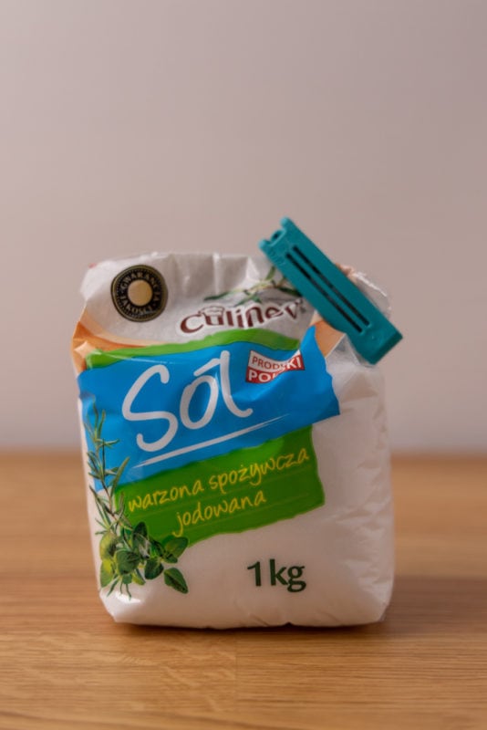 Salt in bag sealed with a sealing clip