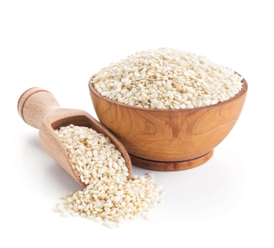 Sesame seeds in a wooden bowl
