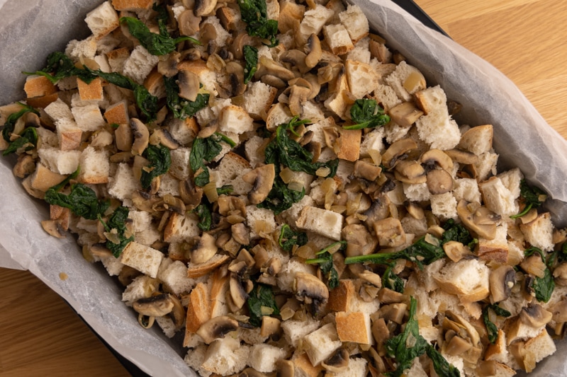 Strata with mushrooms and spinach
