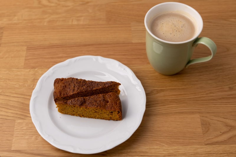 Two pieces of carrot pie and coffee