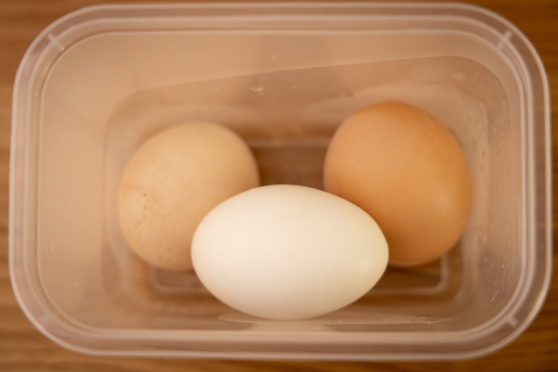 Unpeeled hard cooked eggs in plastic container
