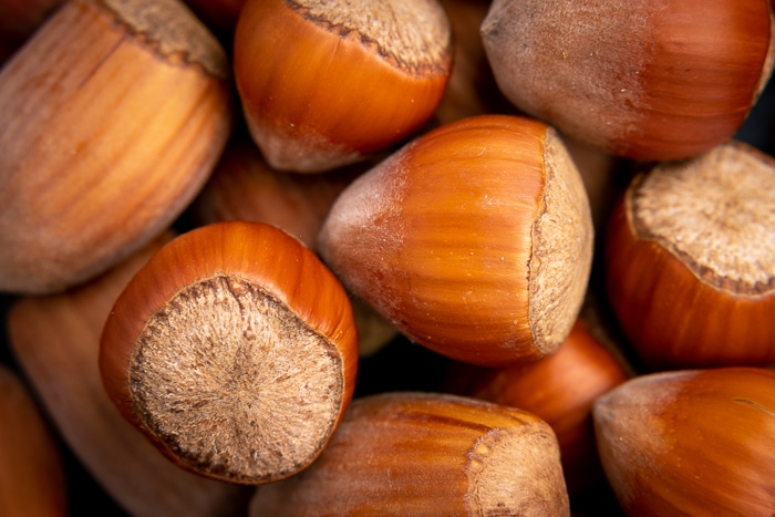 Unshelled hazelnuts closeup