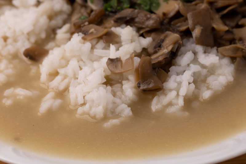 White rice, mushrooms, and sauce